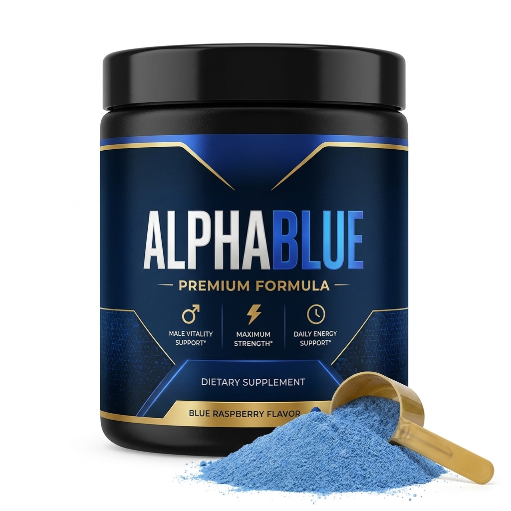 AlphaBlue men's vitality support powder tub, blue raspberry flavor