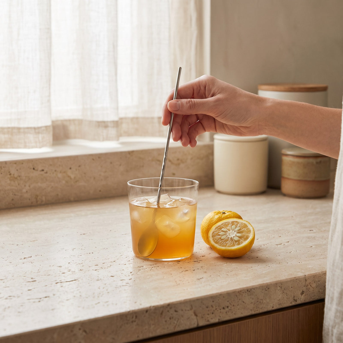 A glass of Amber Golden Superfoods with ice