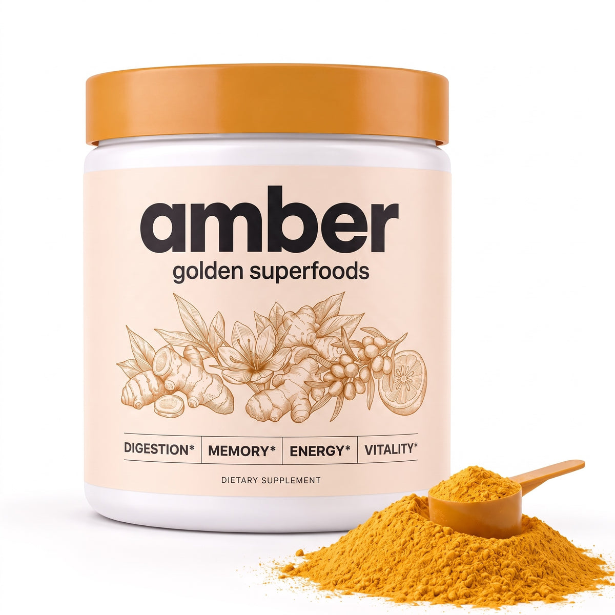 Amber Golden Superfoods tub with a pile of golden powder and scoop