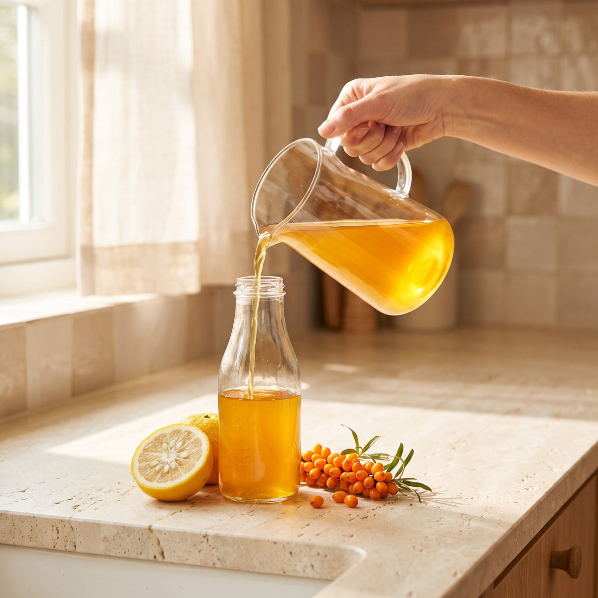 Pouring the golden drink into a glass bottle