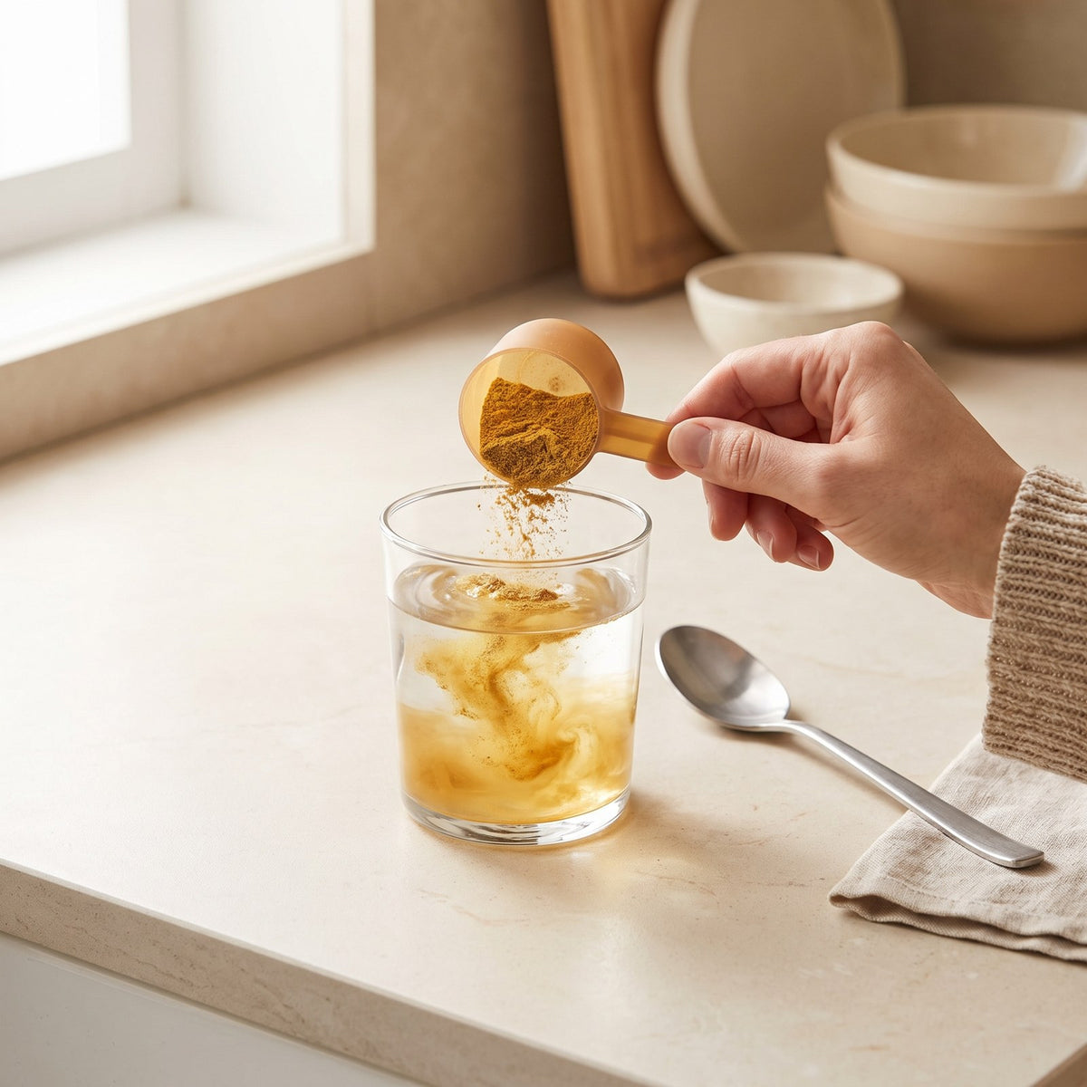 Scooping Amber Golden Superfoods powder into a glass of water