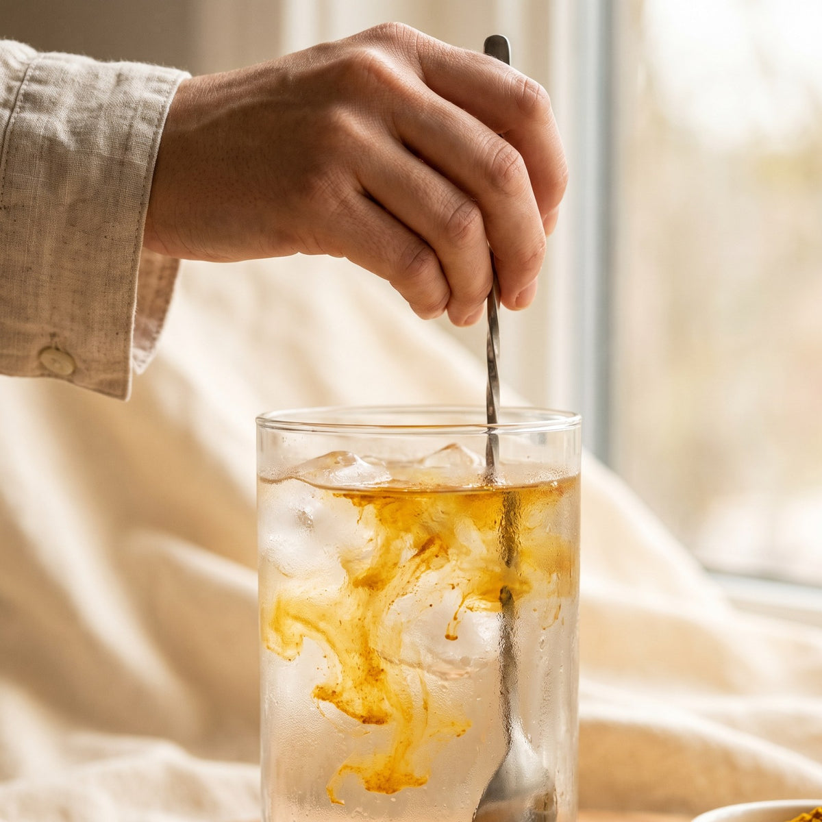 Stirring Amber Golden Superfoods into a glass of iced water
